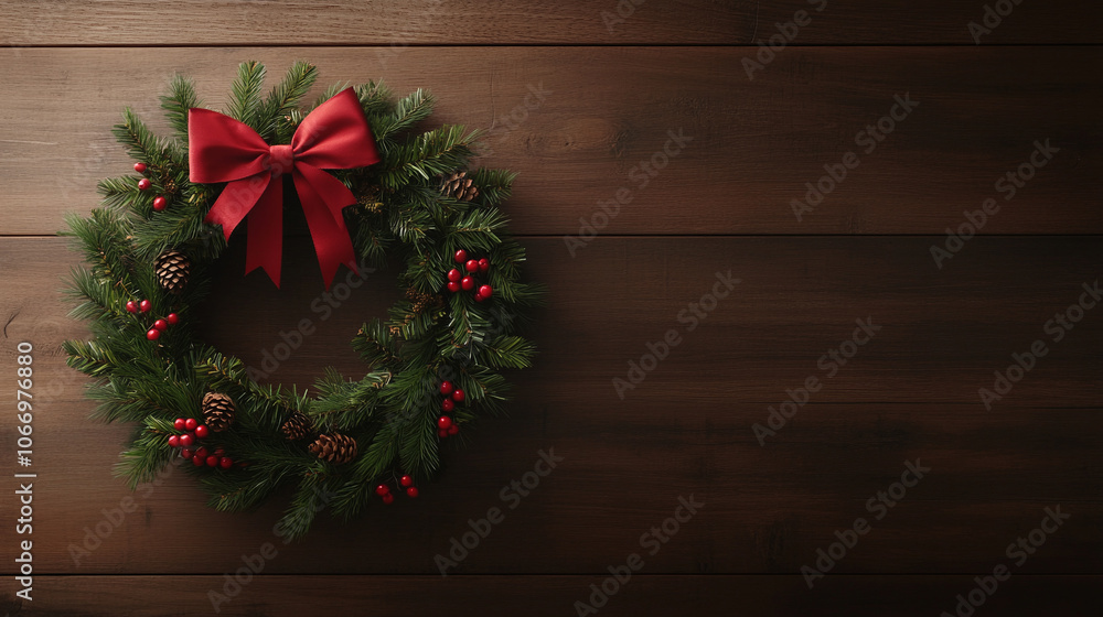 Christmas fir wreath with red bow hanging on wooden wall. Copy space Christmas fir wreath with red bow hanging on wooden wall. Copy space