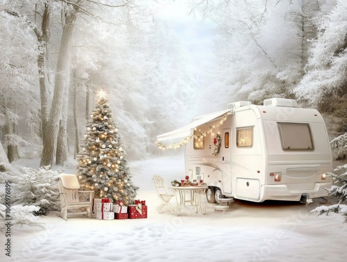 Cozy American RV decorated for Christmas mini tree on table