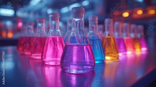 Flasks containing colorful chemical liquids in laboratory setting