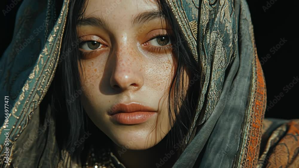 A woman with freckles looks intently at the camera, her face partially obscured by a patterned shawl A woman with freckles looks intently at the camera, her face partially obscured by a patterned shawl