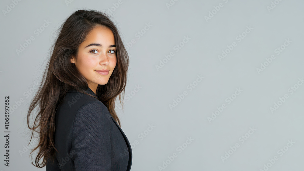 French business woman in suit blazer isolated on gray, lawyer secretary French business woman in suit blazer isolated on gray, lawyer secretary