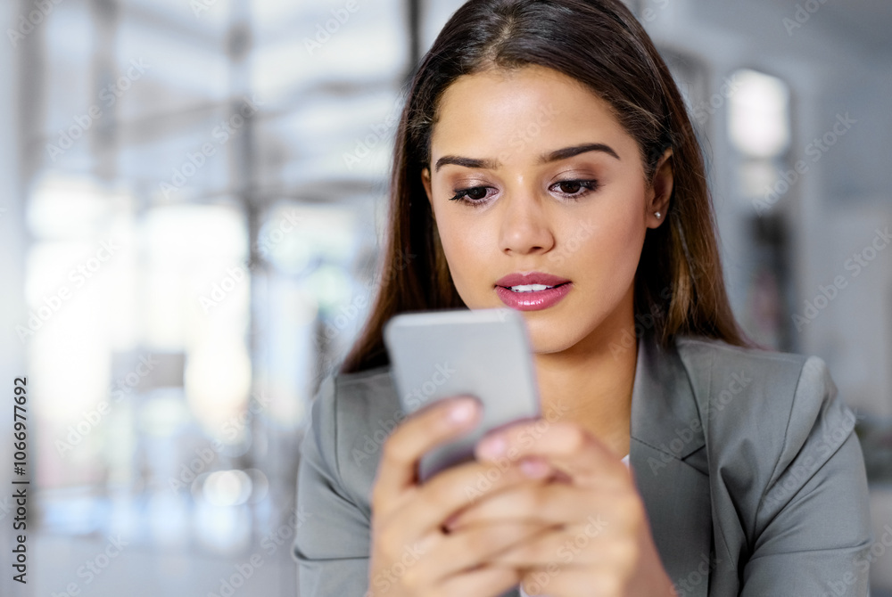 Connectivity, phone and businesswoman in office reading for communication, contact and networking. Career, pride and female lawyer with cellphone for email with client legal policy report for case. Connectivity, phone and businesswoman in office reading for communication, contact and networking. Career, pride and female lawyer with cellphone for email with client legal policy report for case.