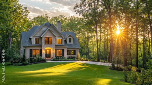 Luxurious Suburban Home at Sunset Dream House Tree Lined Driveway