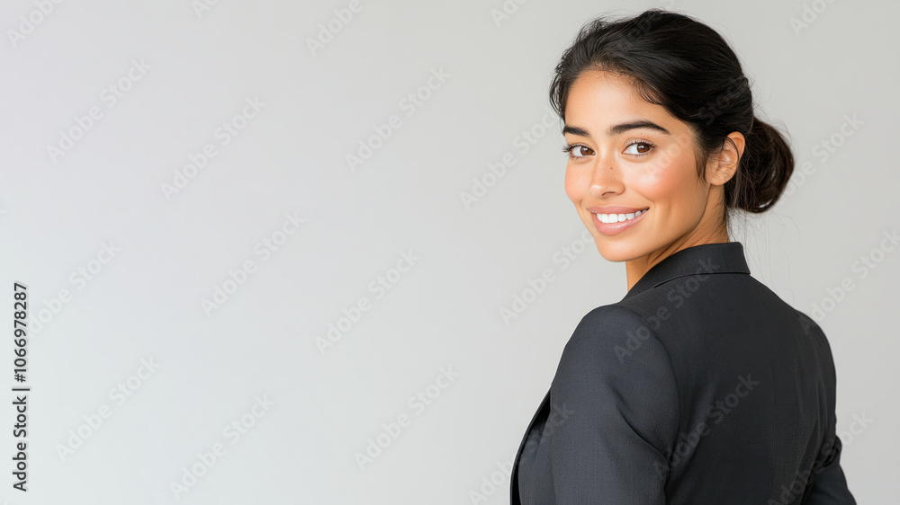Hispanic business woman in suit blazer isolated on gray, lawyer secretary Hispanic business woman in suit blazer isolated on gray, lawyer secretary