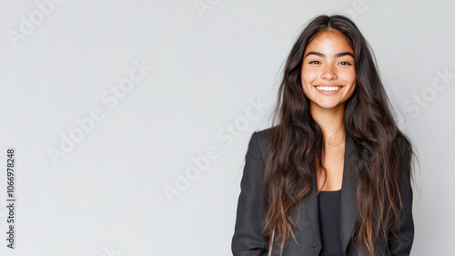 Hispanic business woman in suit blazer isolated on gray, lawyer secretary