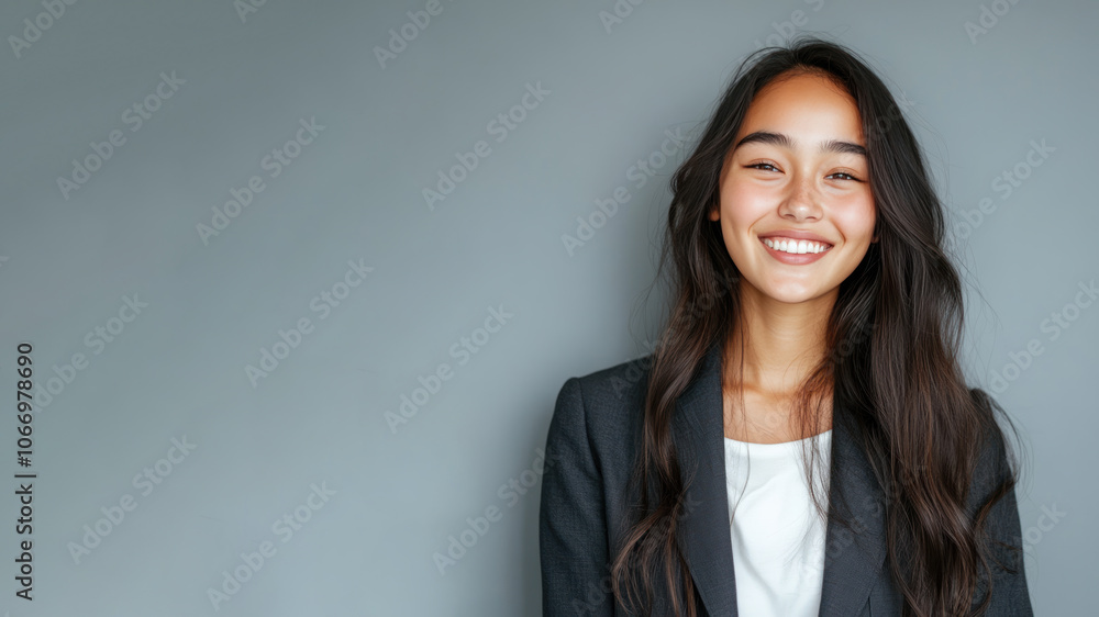 Indonesian business woman in suit blazer isolated on gray, lawyer secretary Indonesian business woman in suit blazer isolated on gray, lawyer secretary