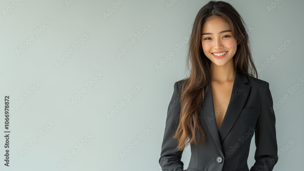 Indonesian business woman in suit blazer isolated on gray, lawyer secretary Indonesian business woman in suit blazer isolated on gray, lawyer secretary