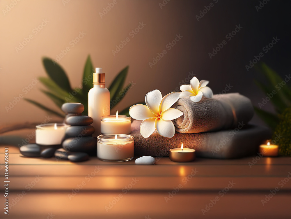 A spa-like setting with candles, stones, flowers, and towels on a wooden surface. A spa-like setting with candles, stones, flowers, and towels on a wooden surface.