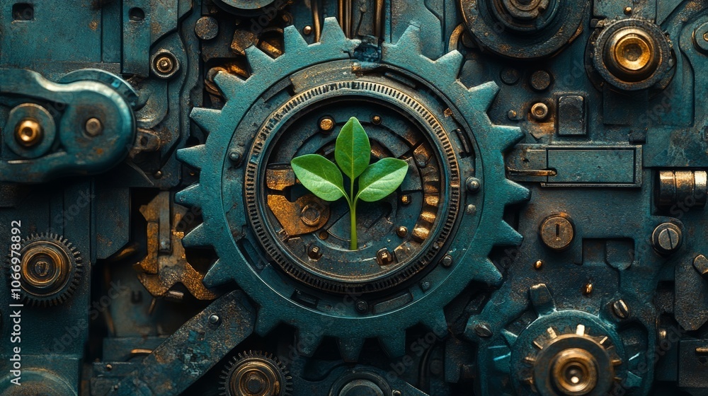 Green plant growing in center of rusty gears and cogs symbolizing harmony between nature and technology Green plant growing in center of rusty gears and cogs symbolizing harmony between nature and technology