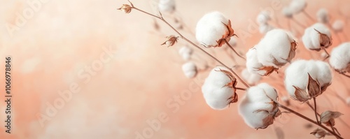 Cotton branches blooming with soft white fiber on peach background