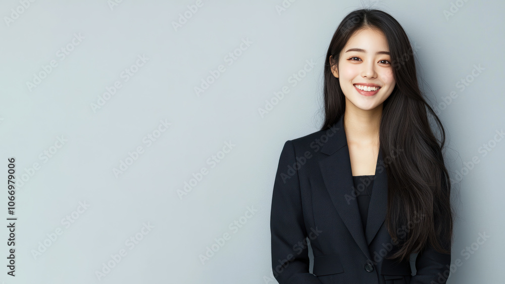 Japanese business woman in suit blazer isolated on gray, lawyer secretary Japanese business woman in suit blazer isolated on gray, lawyer secretary