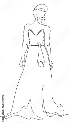 Continuous one line drawing bearded man in a woman's dress. Transgender, homosexual.One continuous line isolated minimal vertical illustration.
