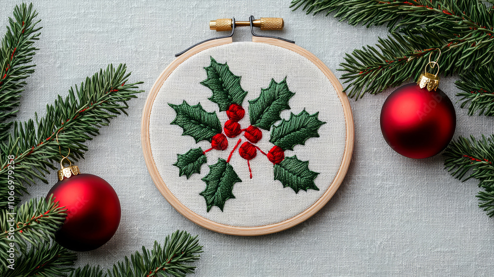 A beautiful embroidered holly decoration surrounded by festive ornaments and evergreen branches, perfect for holiday decor. A beautiful embroidered holly decoration surrounded by festive ornaments and evergreen branches, perfect for holiday decor.