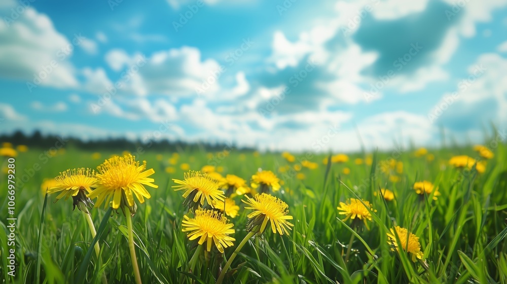 Naklejka premium Vibrant yellow dandelions bloom in a sunny meadow beneath a blue sky filled with fluffy clouds during springtime