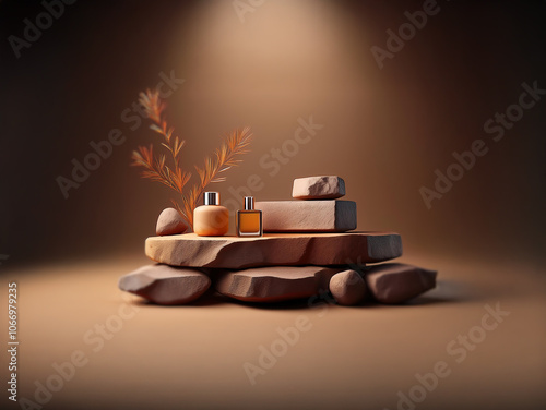 Two bottles of perfume sit on a stacked stone platform with a plant in the background. A spotlight shines on the bottles and platform. photo