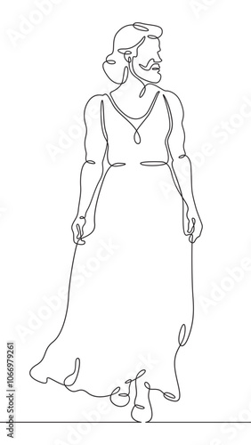Continuous one line drawing bearded man in a woman's dress. Transgender, homosexual.One continuous line isolated minimal vertical illustration.