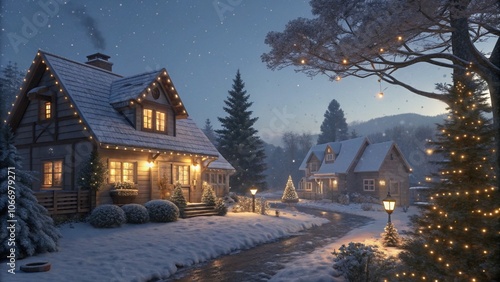 Snowy Christmas Village with Lit Houses at Dusk photo