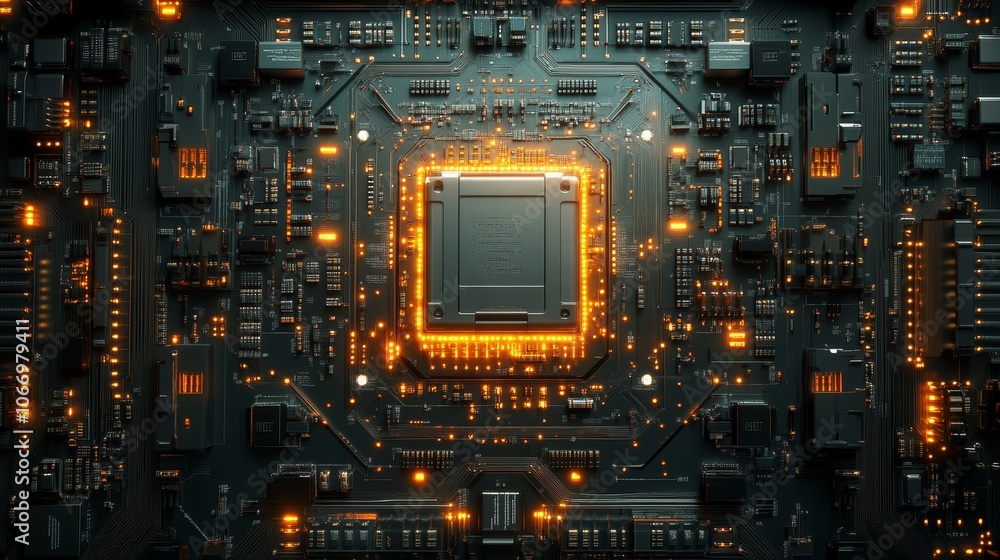 Cpu is glowing on motherboard with many electronic components Cpu is glowing on motherboard with many electronic components