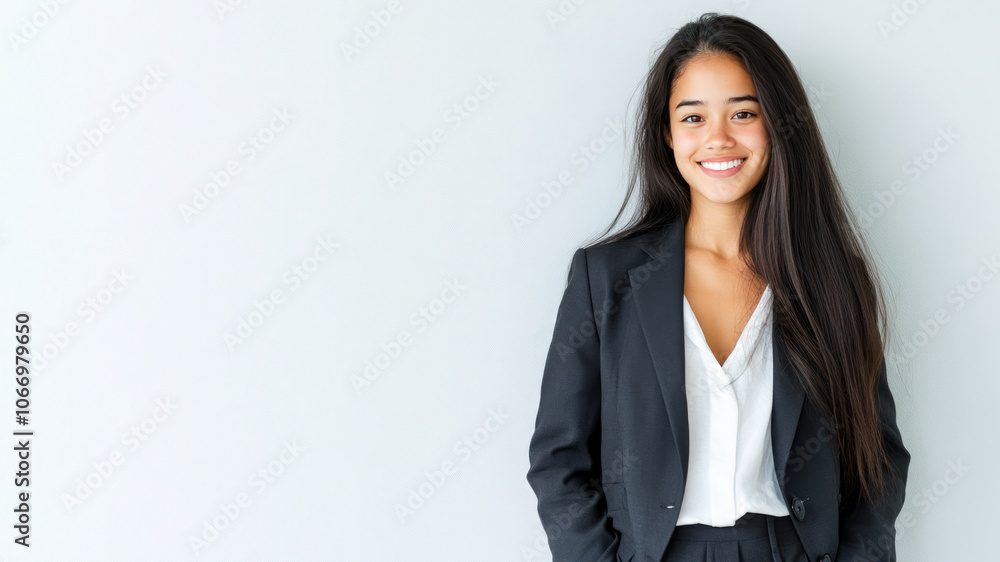 Malay business woman in suit blazer isolated on gray, lawyer secretary Malay business woman in suit blazer isolated on gray, lawyer secretary
