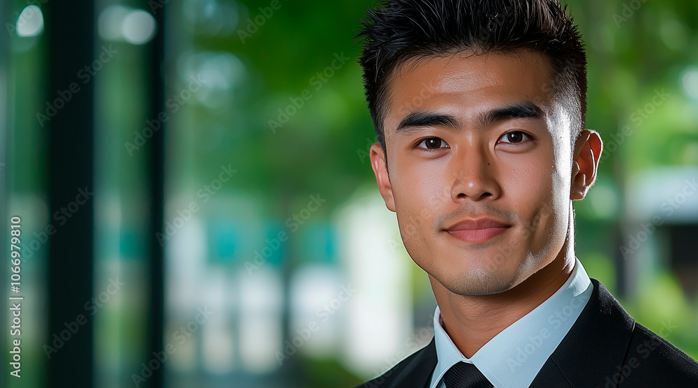 asian 30 year old business man. green office background asian 30 year old business man. green office background