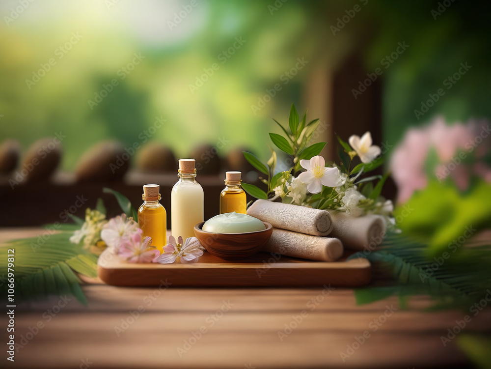 A spa setting with essential oils, a bar of soap, and towels on a wooden tray. A spa setting with essential oils, a bar of soap, and towels on a wooden tray.