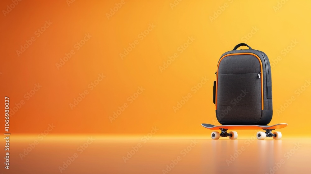 Dynamic Backpack on Skateboard Against Orange Background Dynamic Backpack on Skateboard Against Orange Background
