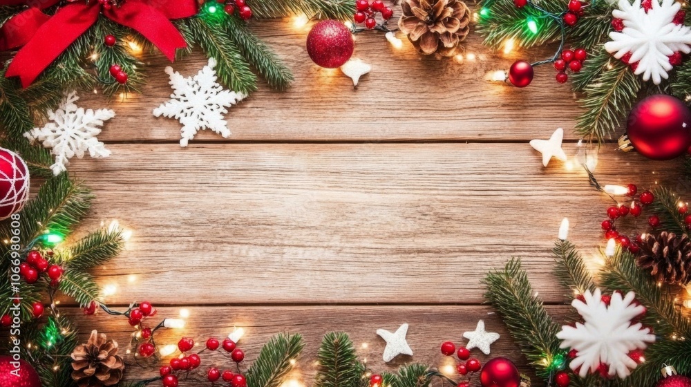 Christmas decorations on rustic wood, festive ornaments, copy space. Christmas decorations on rustic wood, festive ornaments, copy space.