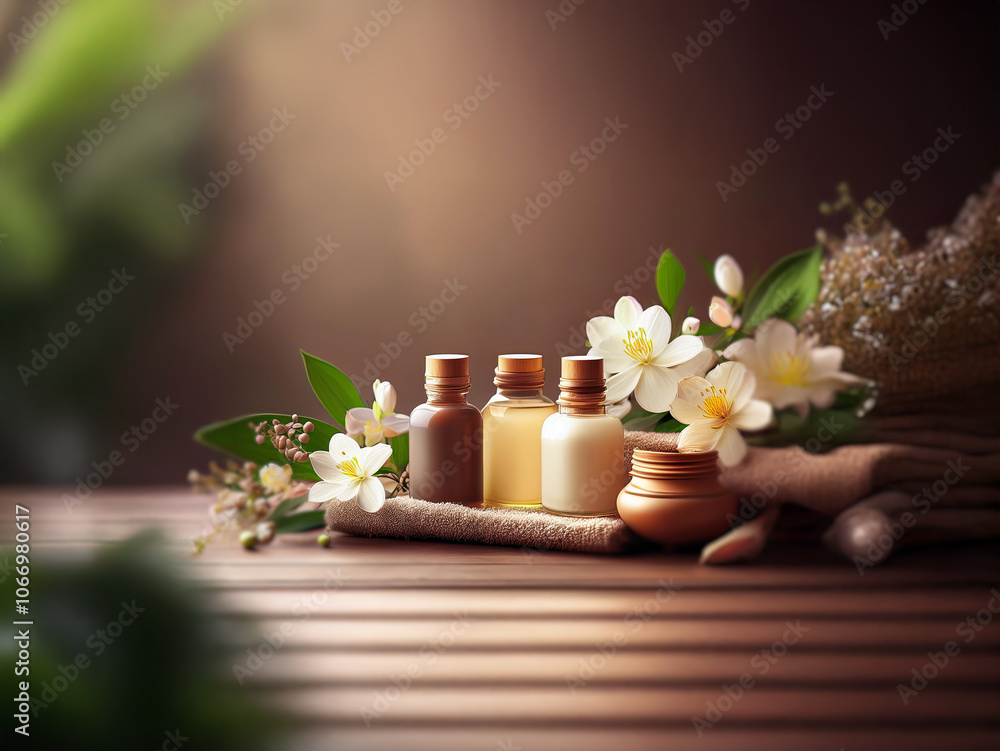 A spa setting with bottles of essential oils and a cream jar on a wooden table, surrounded by white flowers. A spa setting with bottles of essential oils and a cream jar on a wooden table, surrounded by white flowers.