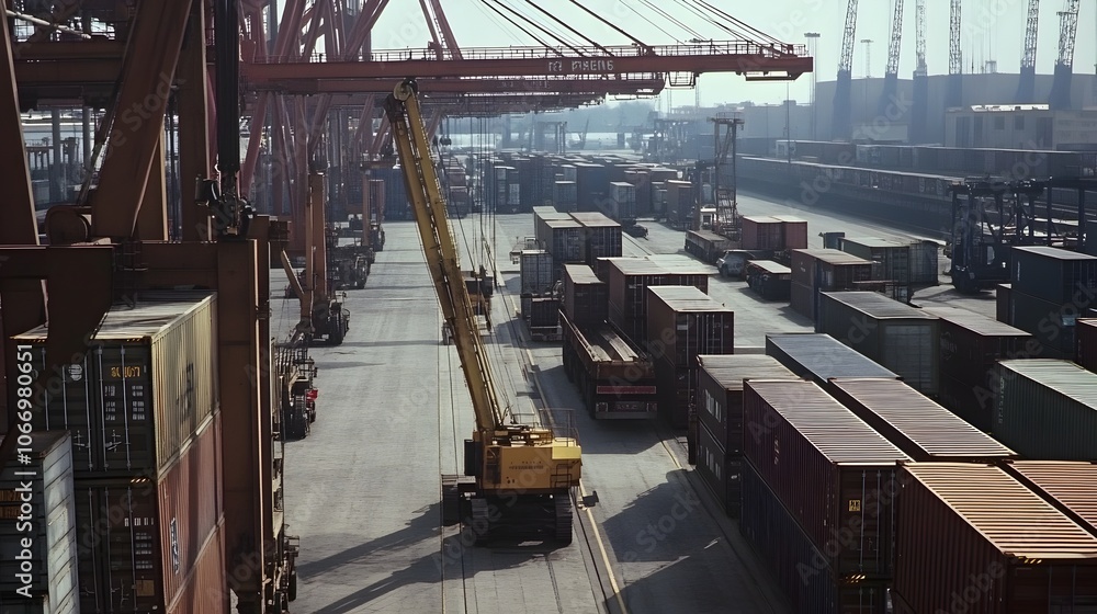 Fototapeta premium Cranes Unloading Freight Containers at Bustling Cargo Logistics Hub