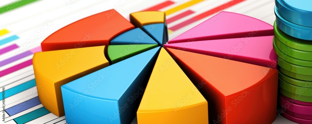 Fototapeta premium A colorful pie chart represents data analysis alongside stacks of vibrant coins, showcasing financial statistics and trends.