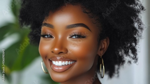 Beautiful Black Woman Smiling Portrait Afro Hair Makeup Skincare