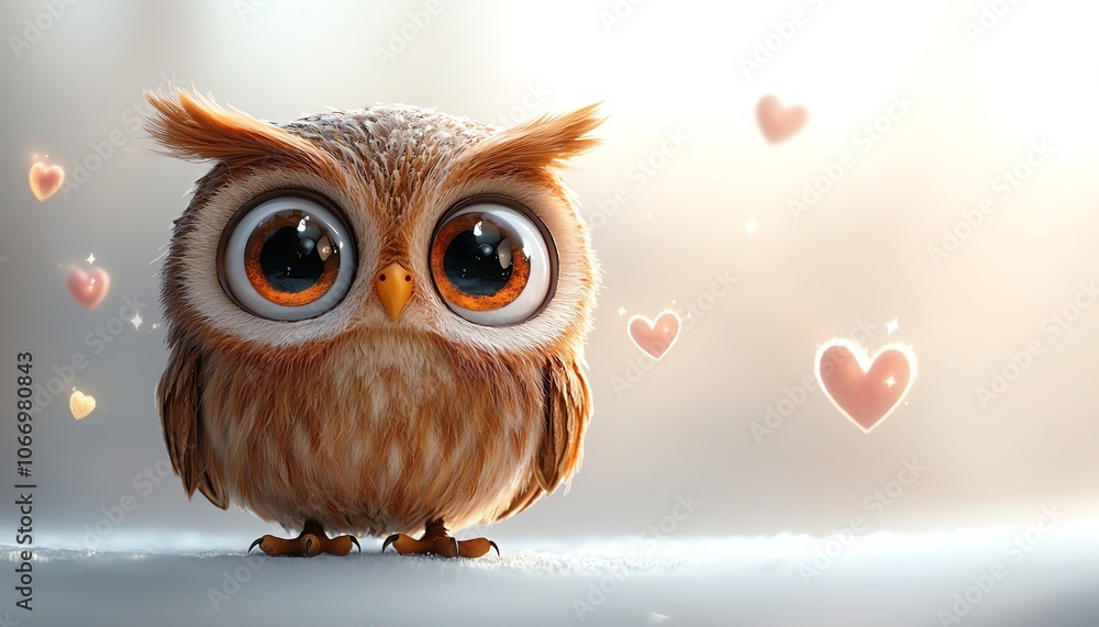 Adorable owl character featuring oversized eyes, embellished with floating hearts and twinkling stars, isolated on a clean white backdrop, delightful design for childrens artwork Adorable owl character featuring oversized eyes, embellished with floating hearts and twinkling stars, isolated on a clean white backdrop, delightful design for childrens artwork