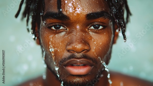 Closeup Portrait of a Man Water Drops Face Skin Refreshing