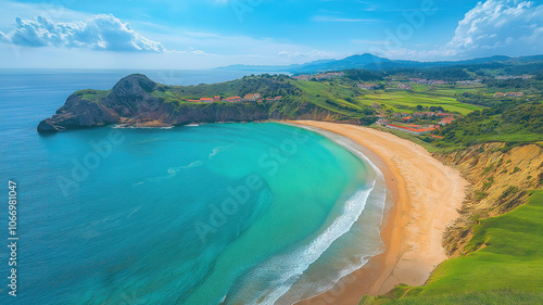 Aerial view of Ribadesella beach showcasing the stunning coastline of Asturias in Spain