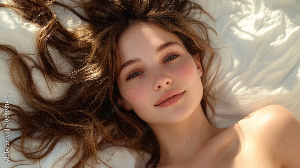 Beautiful Woman with Long Brown Hair Relaxed on White Sheets Natural Makeup Skincare Beautiful Woman with Long Brown Hair Relaxed on White Sheets Natural Makeup Skincare
