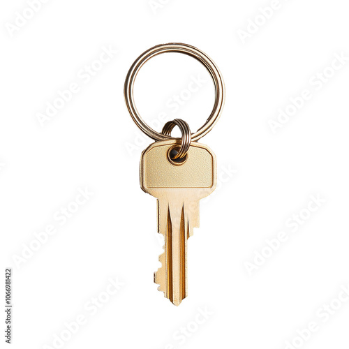 Brass key with round head and ring on transparent background photo