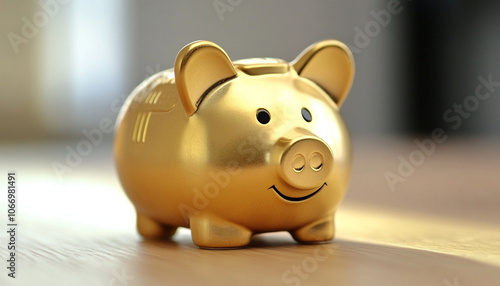 Golden piggy bank on a light background. Savings and financial security concept for investment and money management