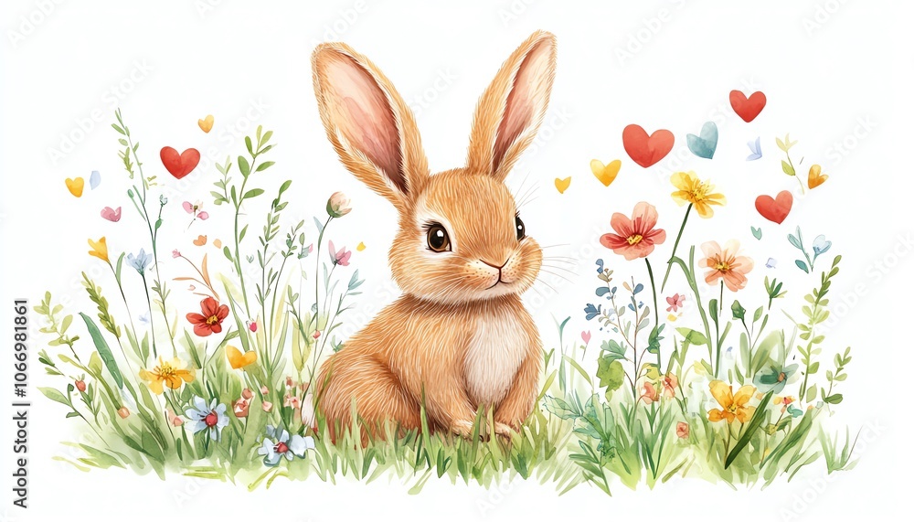 Charming bunny with big ears sitting in fresh green grass, surrounded by colorful hearts and bright flowers, vector design, perfect for children s illustrations, isolated on white Charming bunny with big ears sitting in fresh green grass, surrounded by colorful hearts and bright flowers, vector design, perfect for children s illustrations, isolated on white