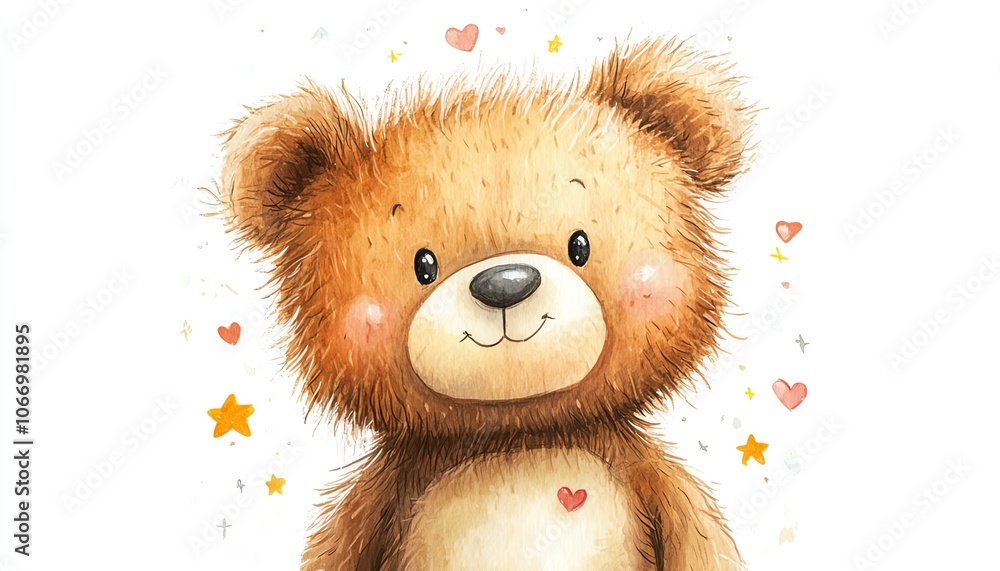 Charming brown teddy bear with a cheerful expression, decorated with whimsical hearts and stars, isolated on a bright white backdrop, fun and inviting artwork for children