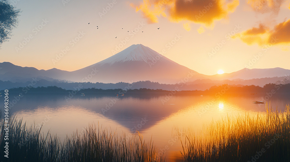 Obraz premium 富士山と湖に映る朝焼けの風景