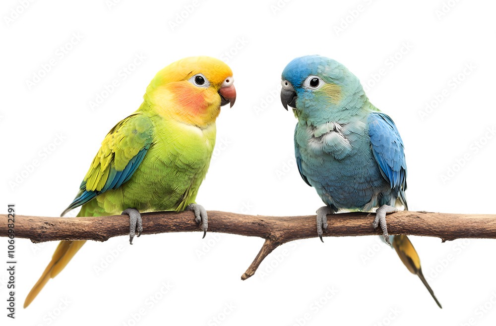 Colorful Lovebirds on a Branch Creating a Charming Display of Parrots Colorful Lovebirds on a Branch Creating a Charming Display of Parrots