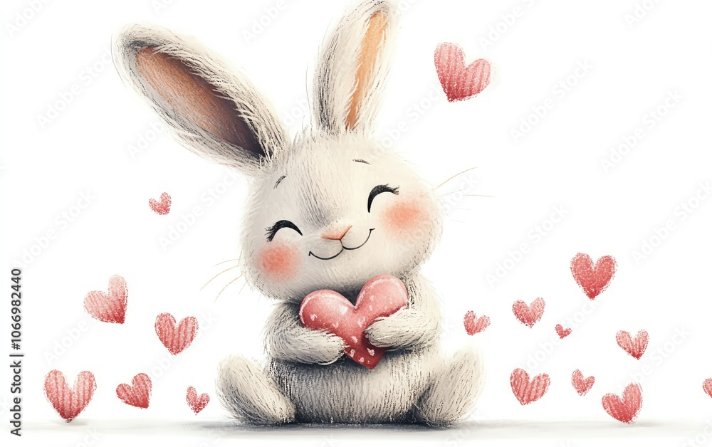 Charming rabbit character decorated with pink hearts, great for Valentines Day childrens book illustrations, isolated on a bright white backdrop, fun and inviting design Charming rabbit character decorated with pink hearts, great for Valentines Day childrens book illustrations, isolated on a bright white backdrop, fun and inviting design