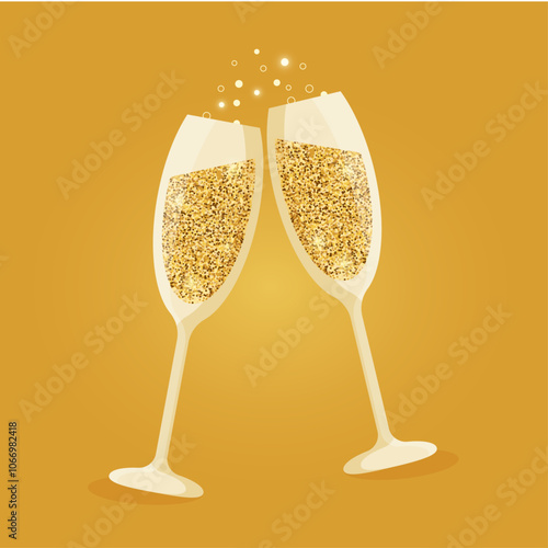 Shiny glitter champagne glasses. Vector Illustration. 