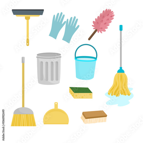 Set of cleaning equipment house, set of housekeeping tools, cleaning tools collection, cleaning equipment flat design: broom, bucket, dustpan, trash can, feather duster, mop, Windows cleaner, sponge