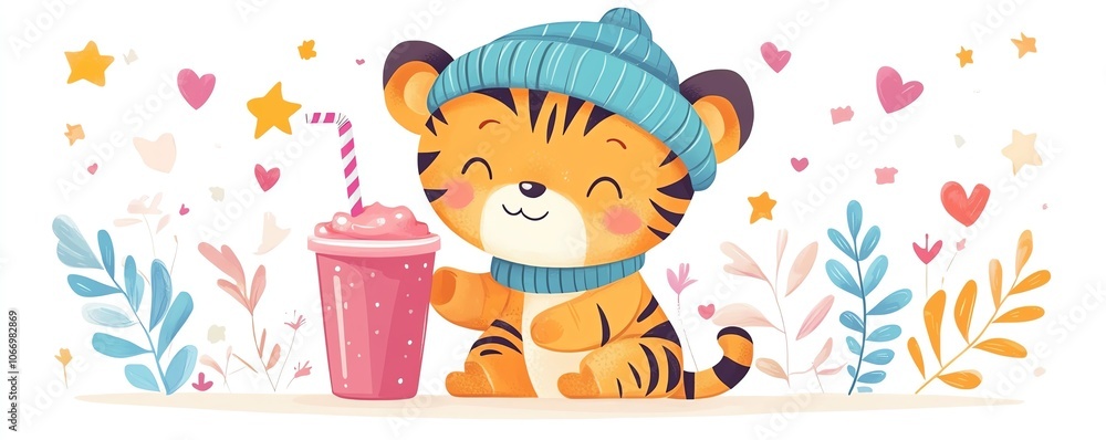 Naklejka premium Charming tiger cub character featuring a colorful beanie, sipping a pink smoothie through a straw, surrounded by colorful stars and hearts, isolated on a bright white background