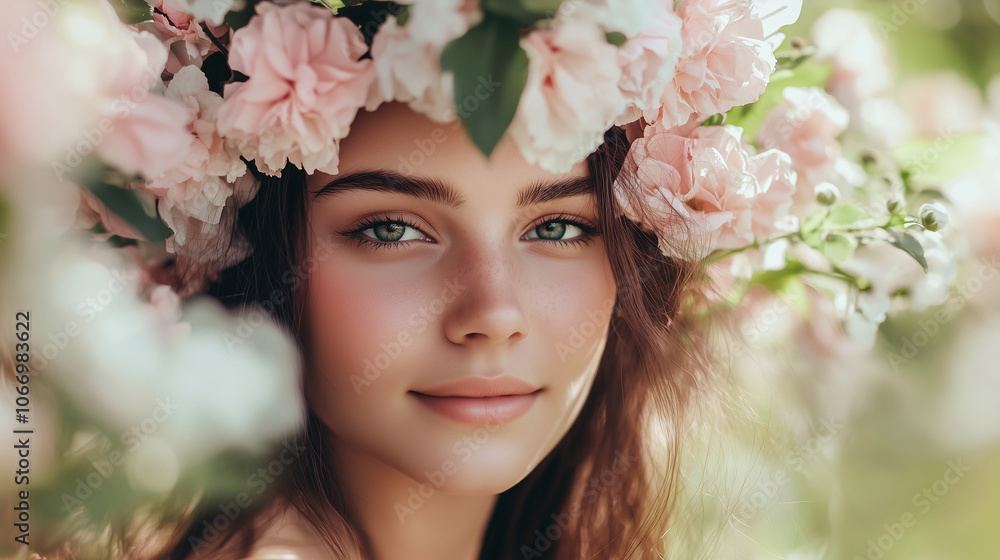 Enchanting portrait of a woodland nymph with flowers in her hair, glowing in soft sunlight, capturing natural beauty, innocence, and a magical connection to nature. Enchanting portrait of a woodland nymph with flowers in her hair, glowing in soft sunlight, capturing natural beauty, innocence, and a magical connection to nature.