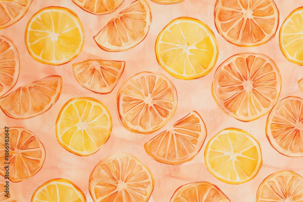 Motif de tranches d'orange sur un fond corail pâle, créant une ambiance lumineuse et estivale.. Motif de tranches d'orange sur un fond corail pâle, créant une ambiance lumineuse et estivale..