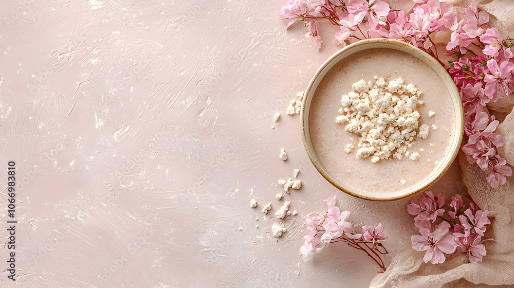 Delicate bowl of creamy dessert with blossoms Delicate bowl of creamy dessert with blossoms