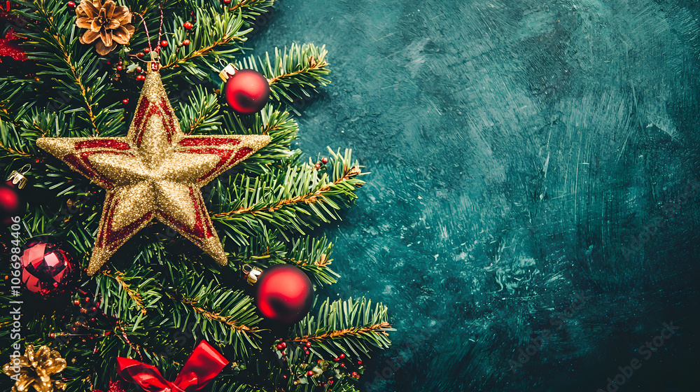 Festive Christmas decorations with ornaments and greenery Festive Christmas decorations with ornaments and greenery