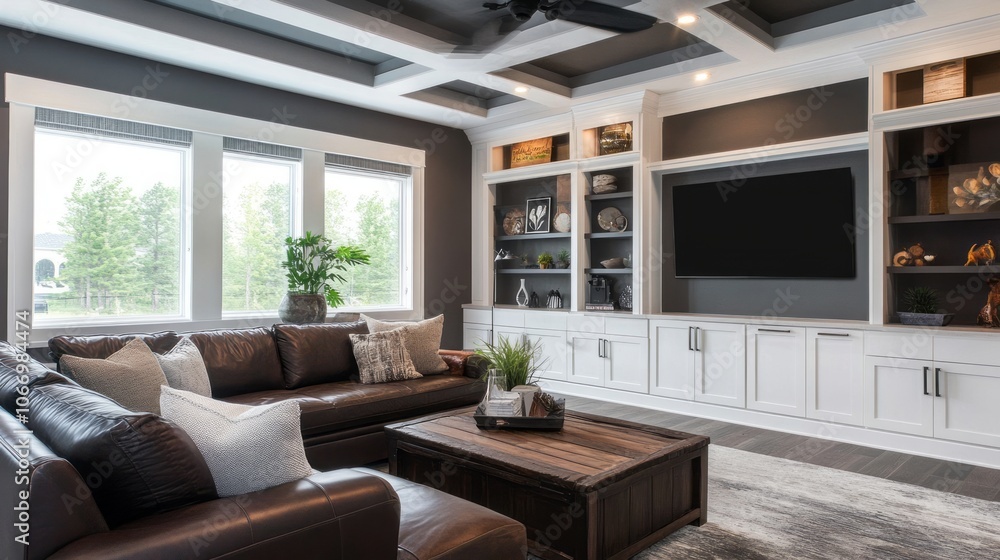 Modern Living Room with White Built-In Shelves and Brown Leather Sofa Modern Living Room with White Built-In Shelves and Brown Leather Sofa